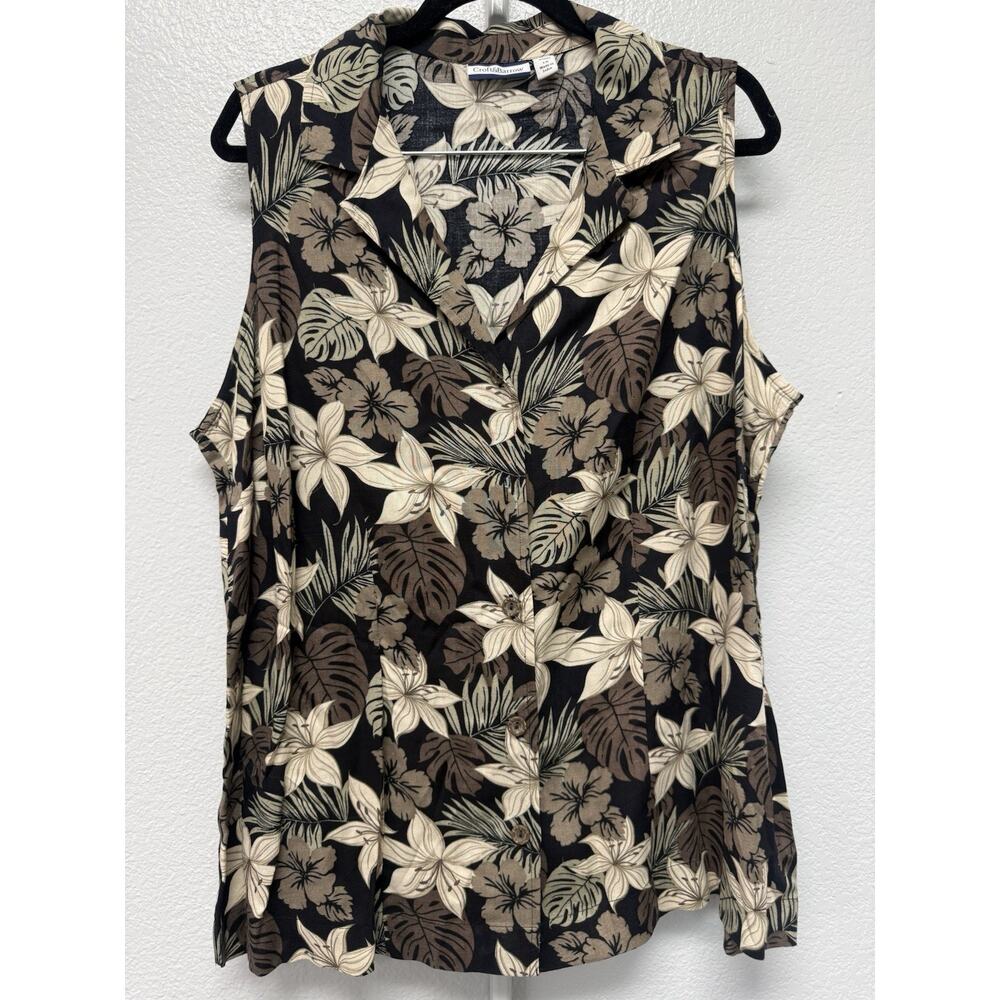 Croft & Barrow Women 1X Black And Brown Sleeveless Button Down TopLinen Top